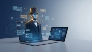 Holographic Abraham Lincoln emerging from laptop, modern tech workspace with AI interface.