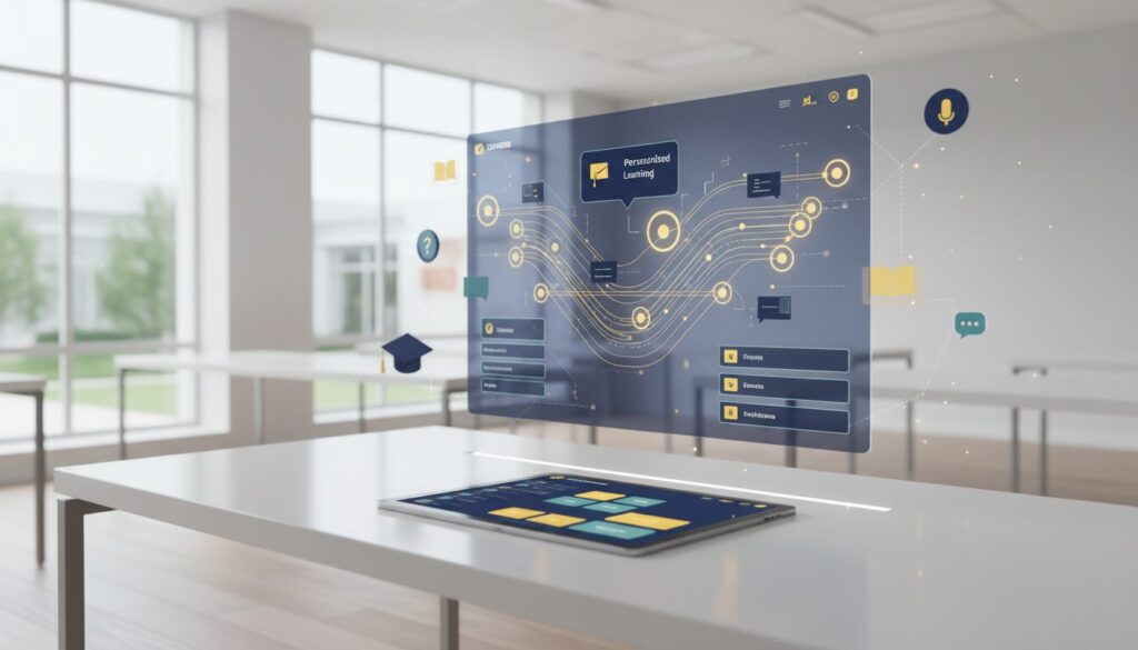 Holographic AI interface on desk with tablet, classroom background, navy and gold accents.
