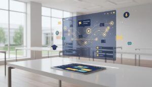 Holographic AI interface on desk with tablet, classroom background, navy and gold accents.