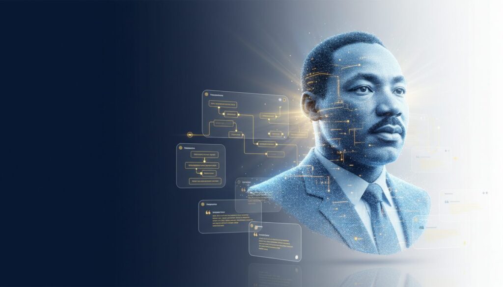 Holographic bust of MLK in blue and gold, tech interface with nodes on left, inspirational theme.