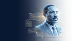 Holographic bust of MLK in blue and gold, tech interface with nodes on left, inspirational theme.