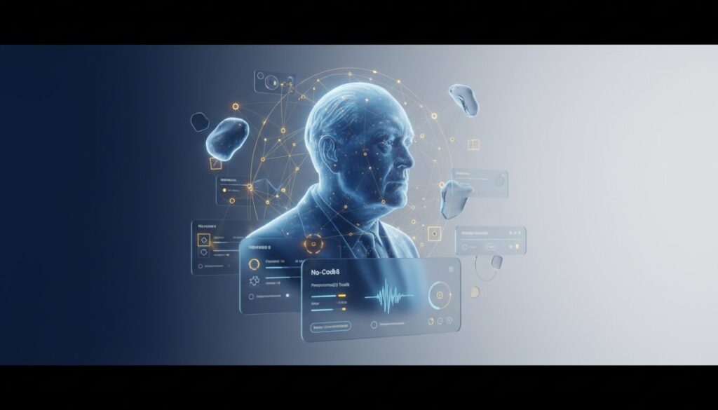 Holographic Churchill in blue, no-code UI elements, golden accents, sleek tech style.