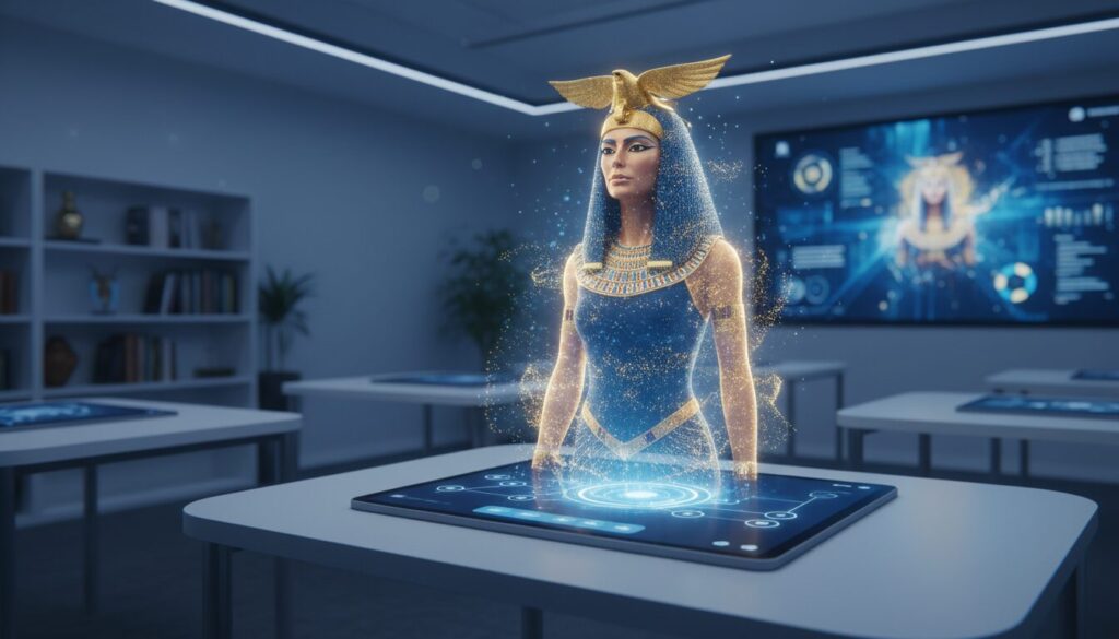 Holographic Cleopatra in royal attire emerges from tablet in modern classroom, blue and gold hues.