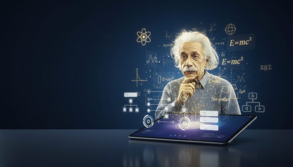 Holographic Einstein projection from tablet with physics symbols, glowing UI on blue gradient.