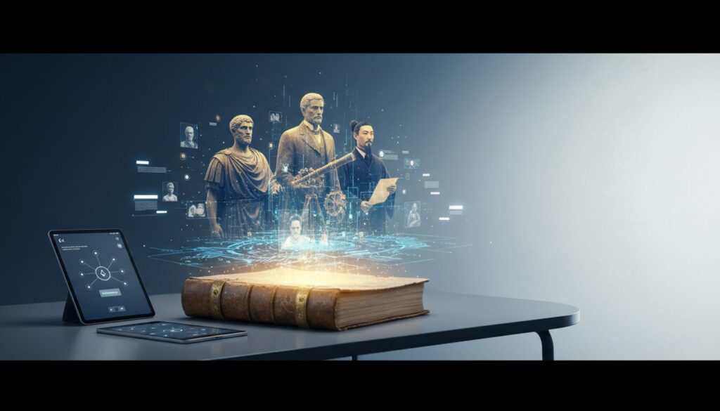 Holographic historical figures emerge from an open antique book on a modern desk, blending history and AI.