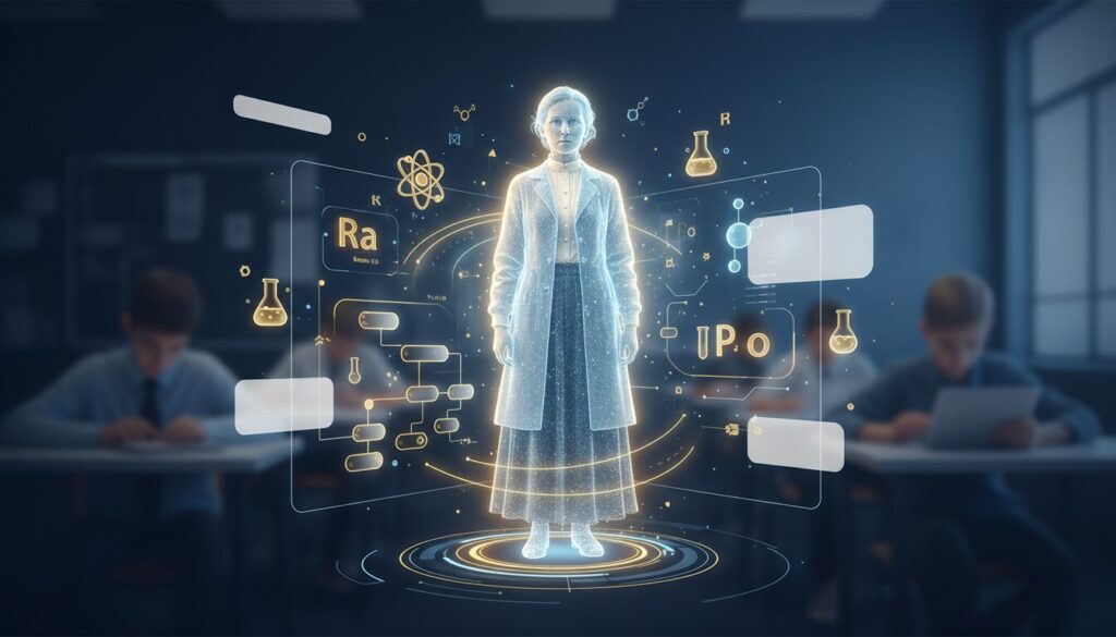 Holographic Marie Curie in digital interface with chemistry symbols, modern classroom, tech-forward design.