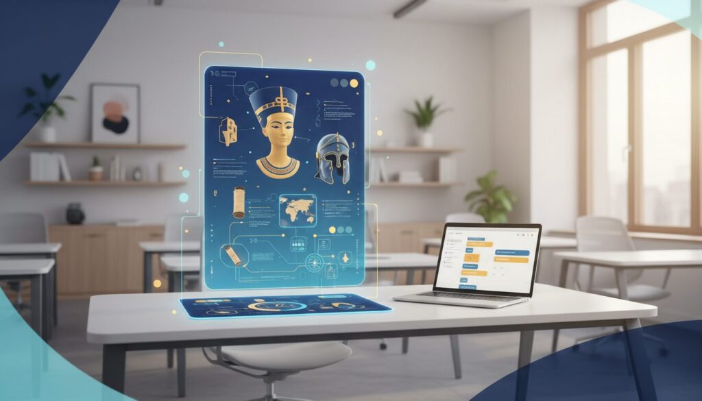 Interactive AI hologram in a modern classroom with historical elements.