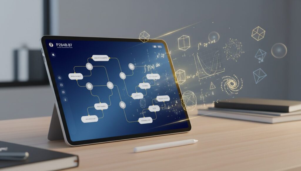 Interactive AI math tutoring on a sleek tablet with 3D equations, geometric shapes, soft light rays.