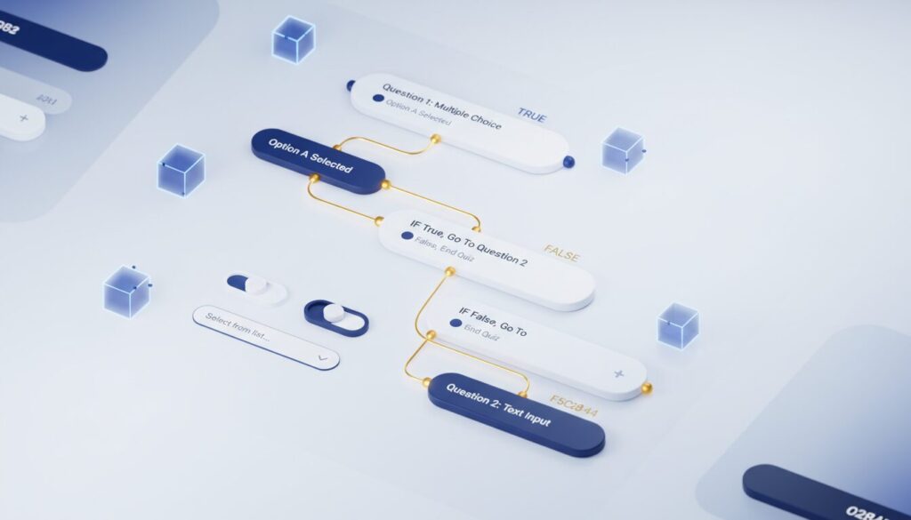 Interactive flowchart with glowing nodes and quiz builder in deep blue and gold.
