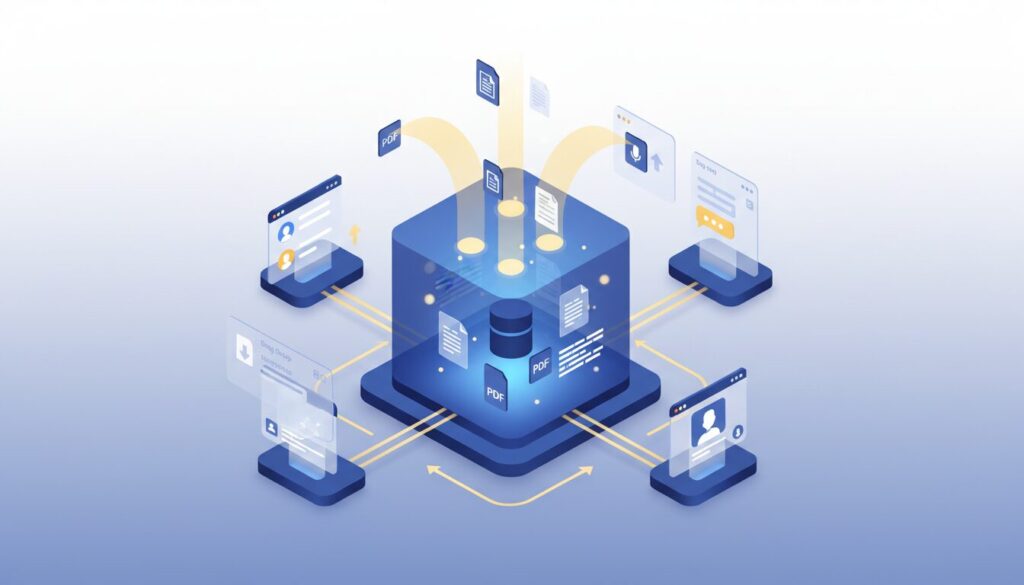 Isometric 3D illustration of a glowing blue digital cube with golden trails uploading documents, surrounded by AI nodes.