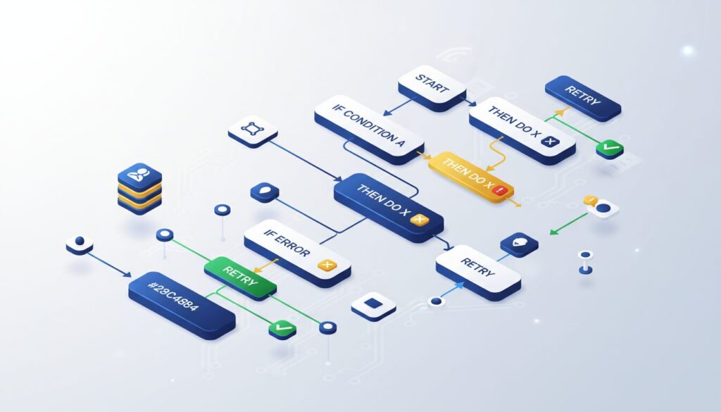 Isometric 3D logic flowchart with IF-THEN paths, error corrections, and modular UI elements.