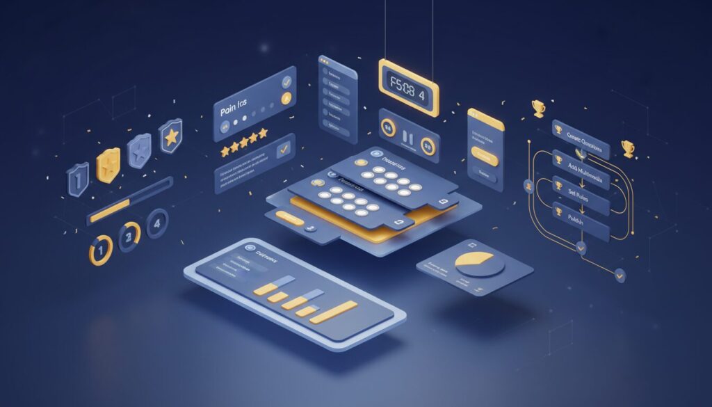 Isometric 3D quiz interface with gamification elements on a blue gradient background.