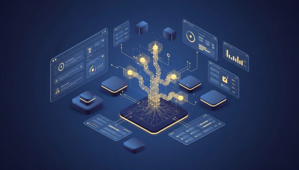 Isometric AI training interface with glowing neural network, modular blocks, and gradient blues.