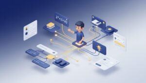 Isometric digital tutoring interface with 3D student avatar, glowing nodes, and gradient pathways.