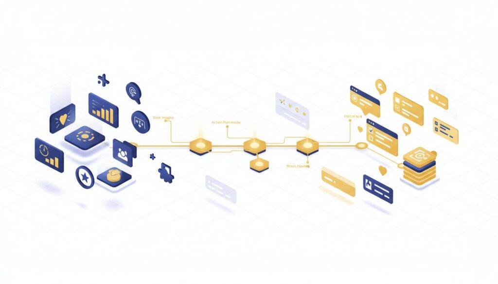 Isometric digital workflow with glowing data visuals, hexagonal nodes, and 3D task cards.