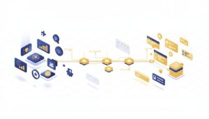 Isometric digital workflow with glowing data visuals, hexagonal nodes, and 3D task cards.