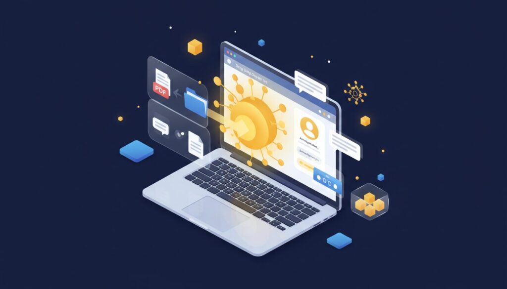 Isometric digital workspace with AI transforming documents into an assistant interface.