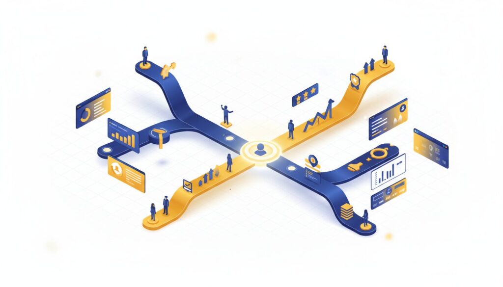 Isometric educational tech banner with branching pathways in blue and yellow, featuring progress and remediation icons.