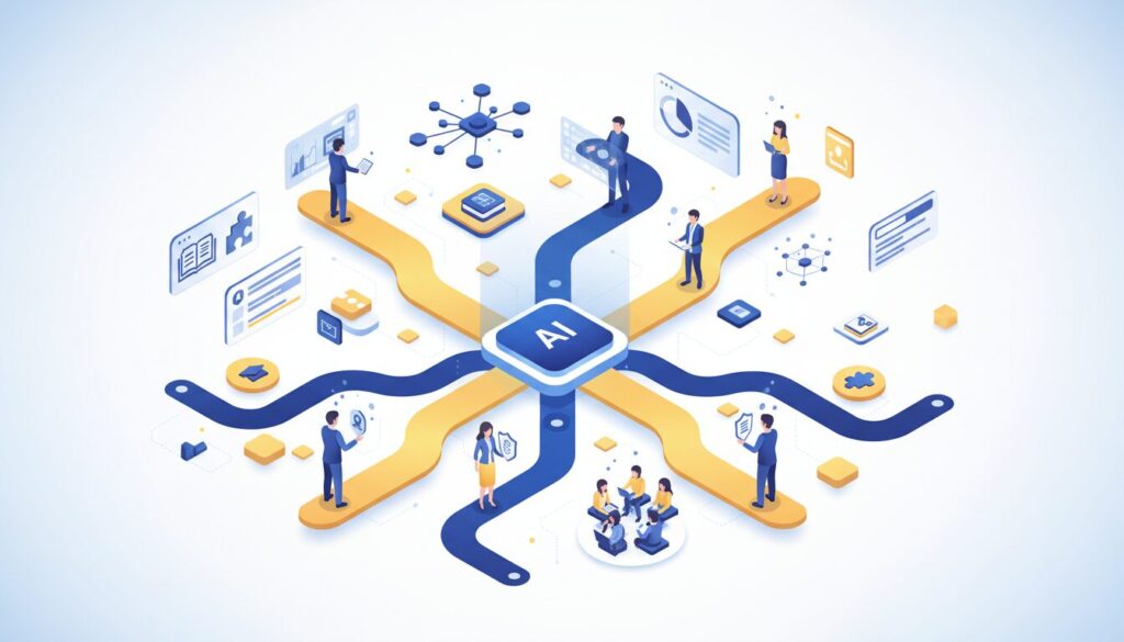 Isometric illustration of an AI hub with pathways to diverse learning activities and avatars.