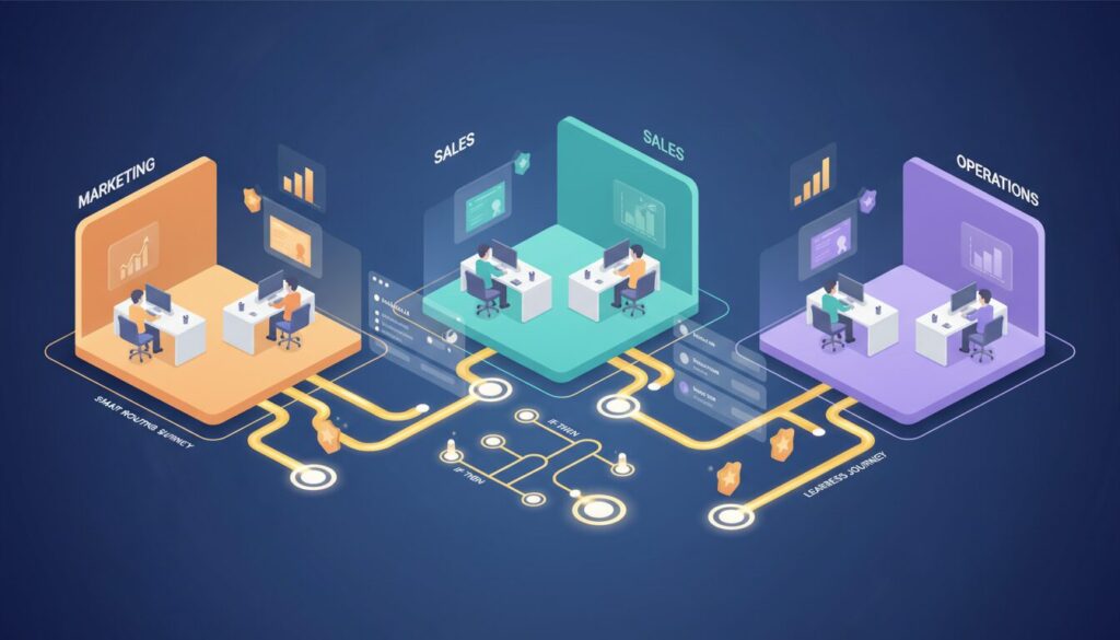 Isometric illustration of interconnected learning paths with glowing nodes and department zones.