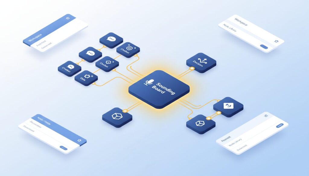 Isometric no-code AI platform with glowing blue node and golden connections on soft gradient.