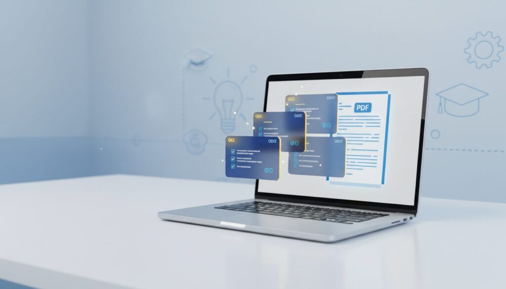 Laptop displaying PDF turning into interactive quiz cards, blue and gold color scheme, tech-forward design.
