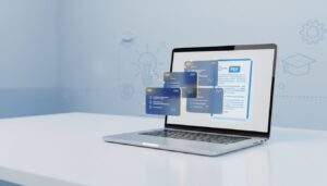 Laptop displaying PDF turning into interactive quiz cards, blue and gold color scheme, tech-forward design.