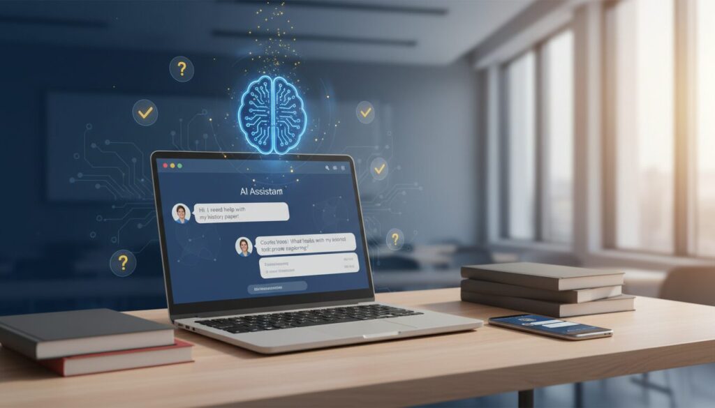 Laptop with AI chatbot on desk, blue holographic icon, classroom background, warm lighting.