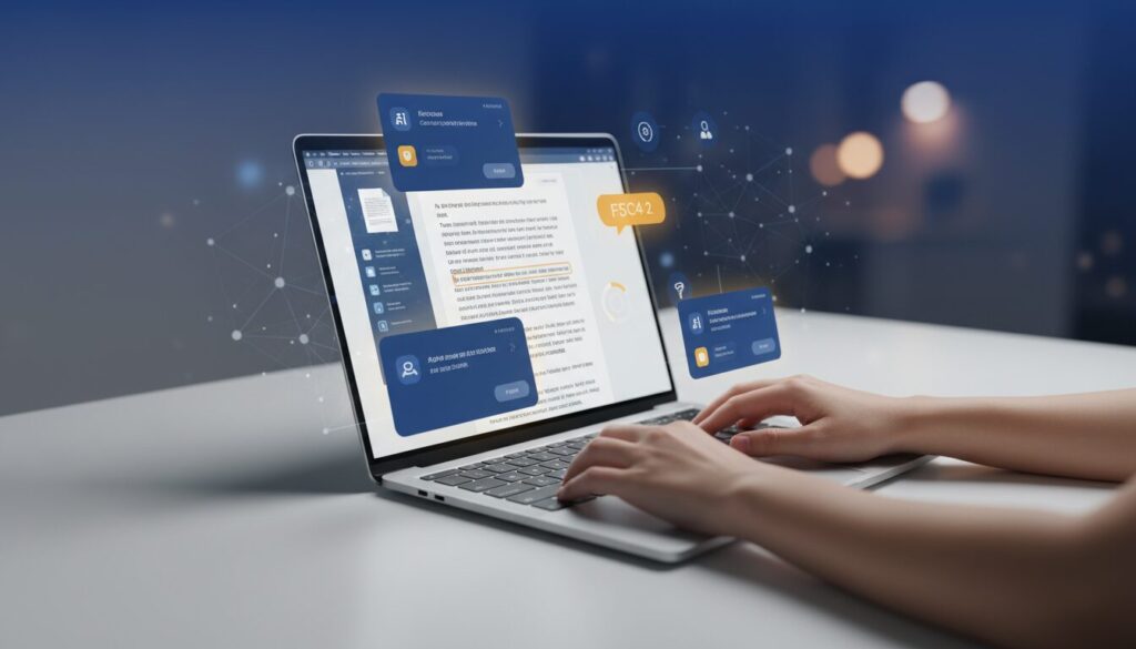 Laptop with AI writing assistance, holographic grammar UI, hands typing, blue and gold accents.