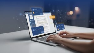 Laptop with AI writing assistance, holographic grammar UI, hands typing, blue and gold accents.