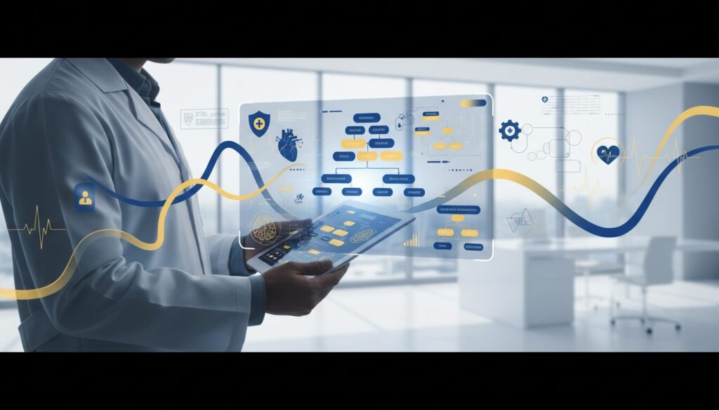 Medical professional uses tablet with diagnostic flowcharts in a bright office, AI interface in foreground.