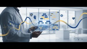 Medical professional uses tablet with diagnostic flowcharts in a bright office, AI interface in foreground.