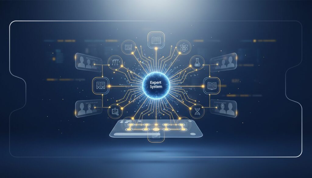 Modern AI ecosystem with central neural node, golden pathways, learning icons, holographic UI, and avatars.
