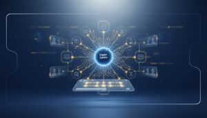 Modern AI ecosystem with central neural node, golden pathways, learning icons, holographic UI, and avatars.