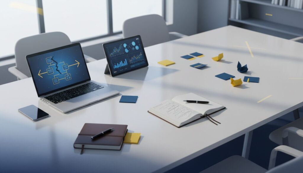 Modern boardroom with laptop, tablet, sticky notes, notebook, and smartphone on a white table.