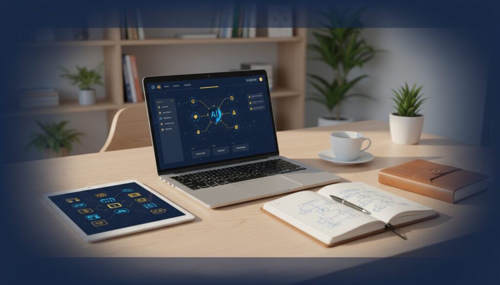 Modern business desk with laptop showing data dashboard, tablet with AI icons, notebook, and coffee cup in soft light.