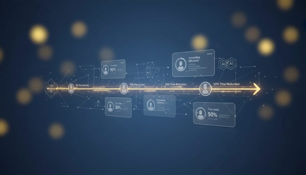 Modern business interface with timeline, customer icons, and data flow on deep blue gradient.