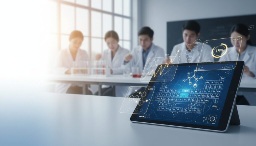 Modern chemistry classroom with a tablet showing molecular structures, students working, AI interface overlay.
