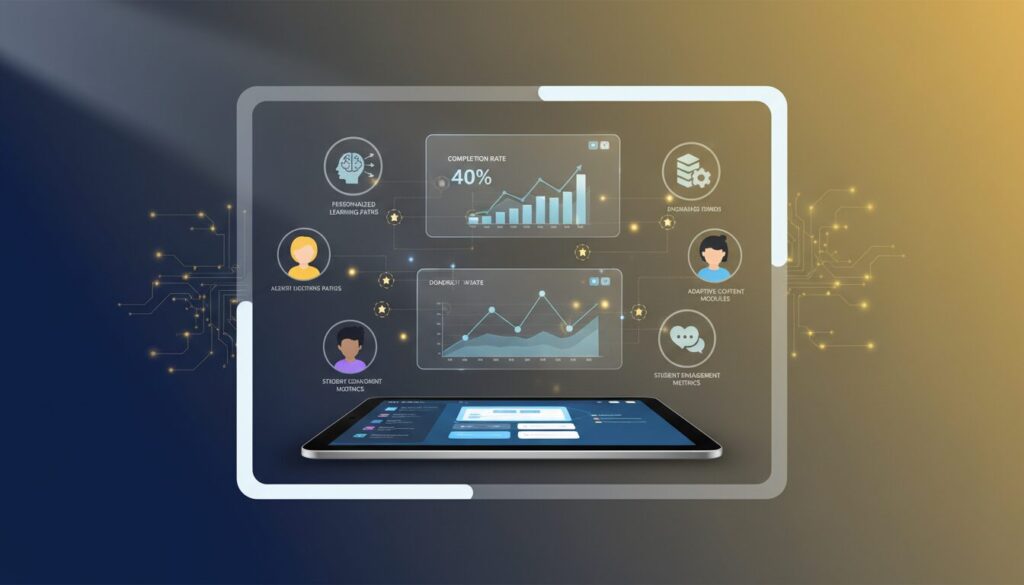 Modern classroom banner with holographic AI dashboards, tablet interface, diverse student avatars, and tech-forward design.