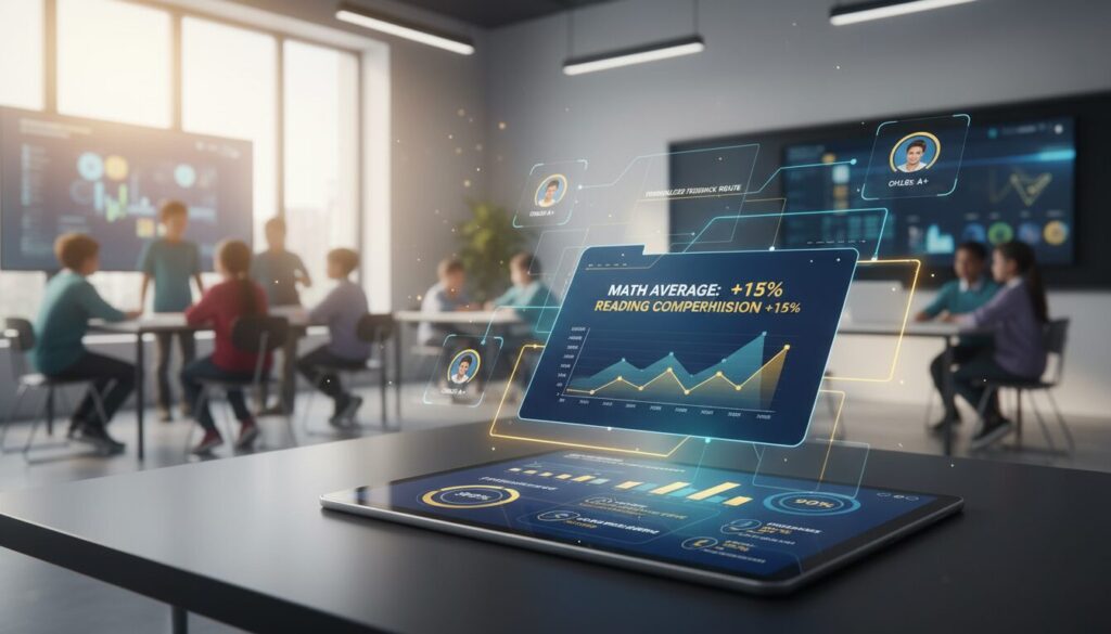 Modern classroom with AI dashboard showing student analytics, warm lighting, diverse students learning.