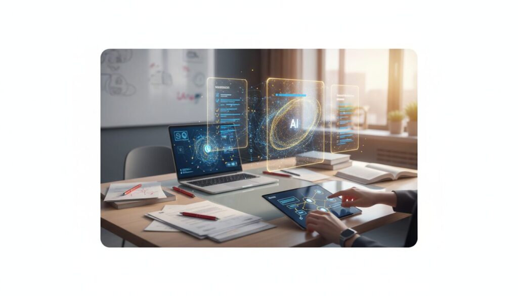 Modern classroom with AI hologram, teacher's desk, touchscreen tablet, and graded papers.