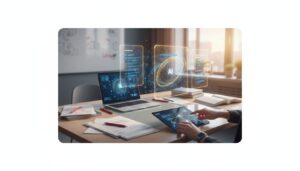 Modern classroom with AI hologram, teacher's desk, touchscreen tablet, and graded papers.