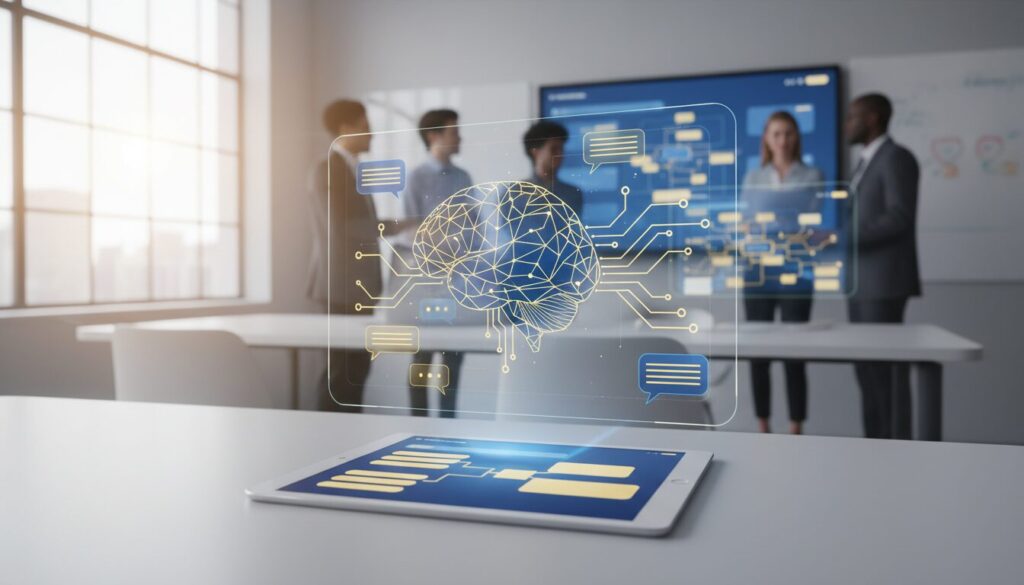 Modern classroom with holographic AI displays in blue and gold, educators collaborating, sleek tech interface.