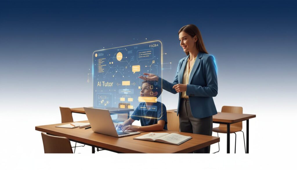 Modern classroom with holographic AI tutor interface, teacher reviewing screen, warm inviting atmosphere.