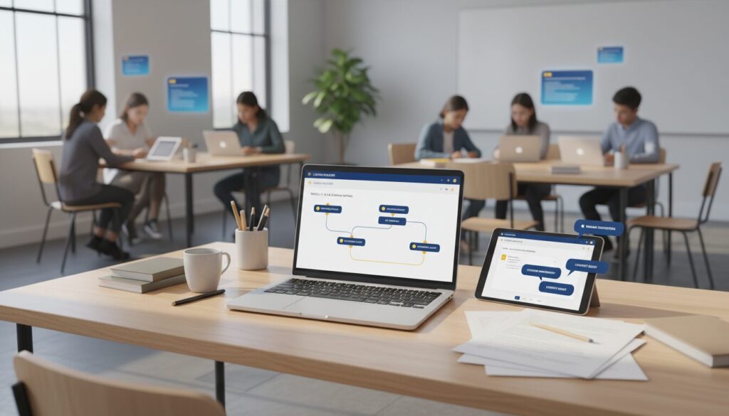 Modern classroom with teacher's desk, laptop, and AI interfaces, students collaborating.