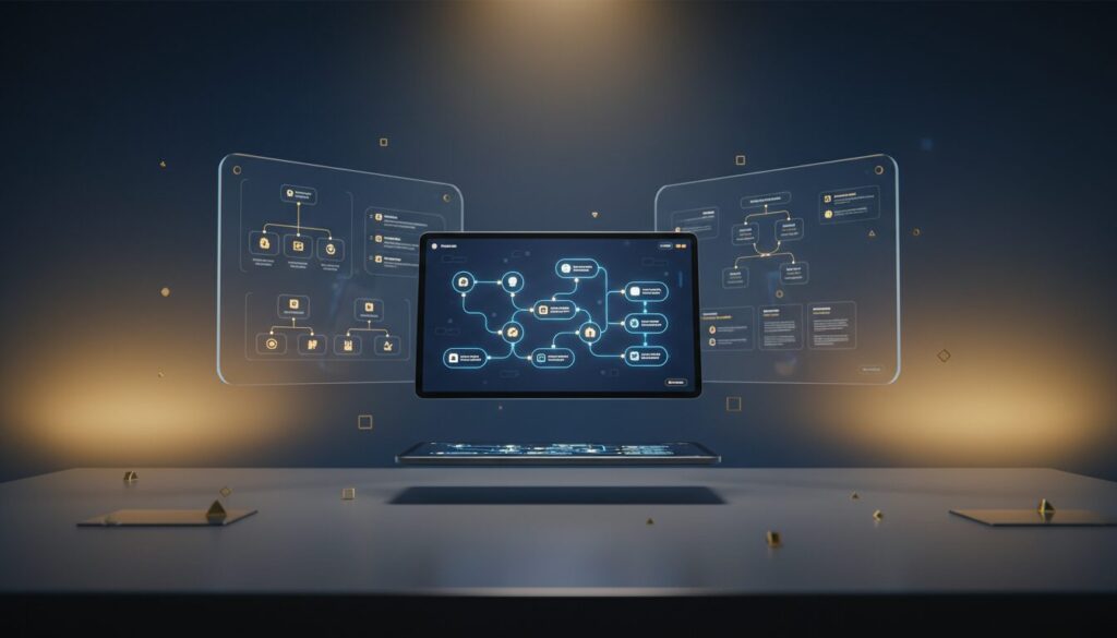 Modern desk with floating holographic interface, elegant tablet, sleek tech design.