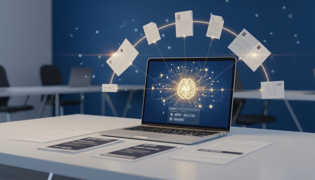 Modern desk with laptop showing AI neural network from documents, glowing connections, deep blue background.