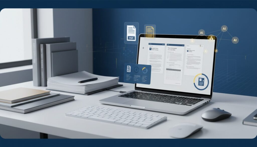 Modern desk with laptop showing document grid, holographic UI, deep blue and gold accents.