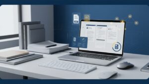 Modern desk with laptop showing document grid, holographic UI, deep blue and gold accents.