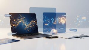 Modern desk with laptop showing neural network, fountain pen, prism, and holographic icons.